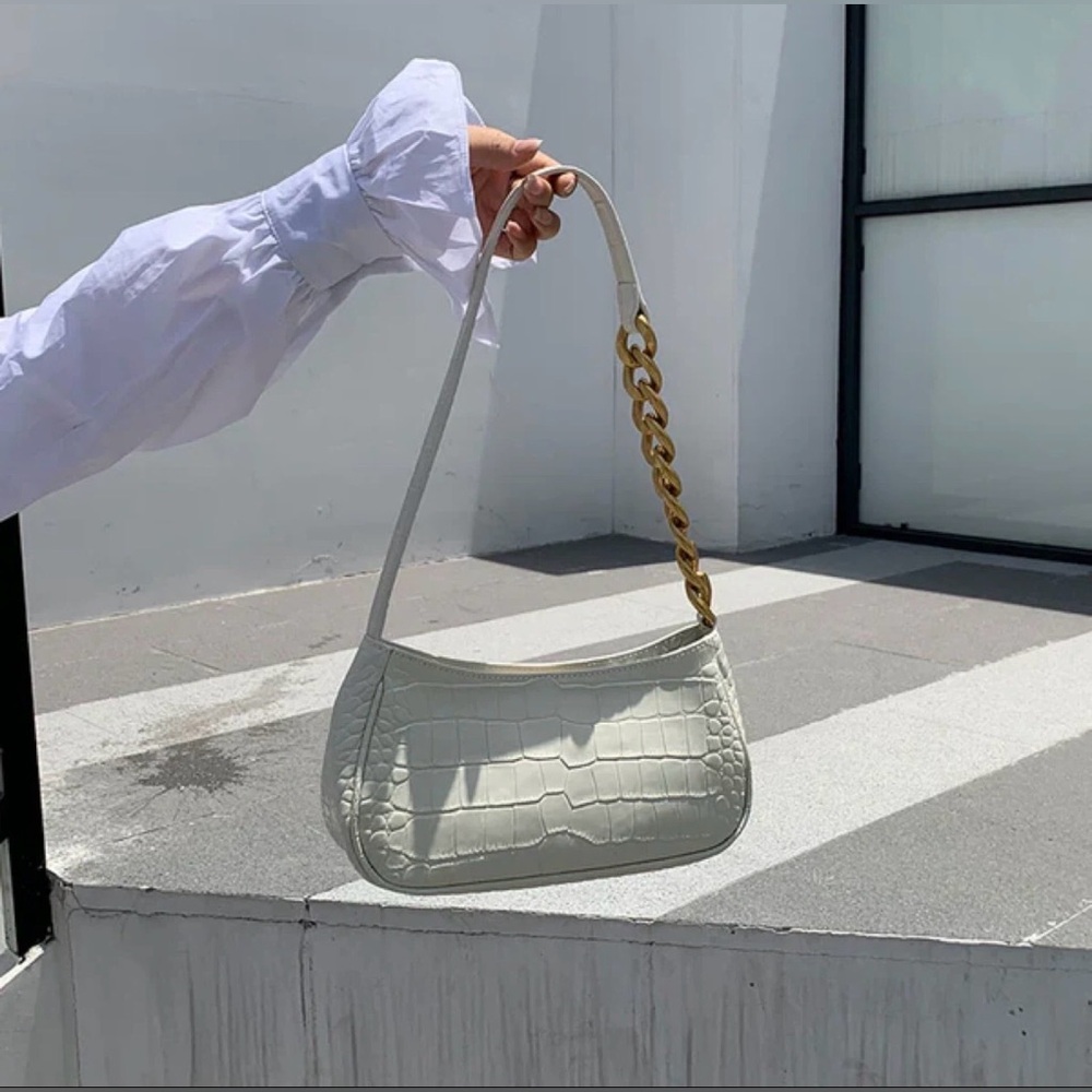 Y2K Croc-Embossed Baguette Bag with Chunky Gold Chain | White